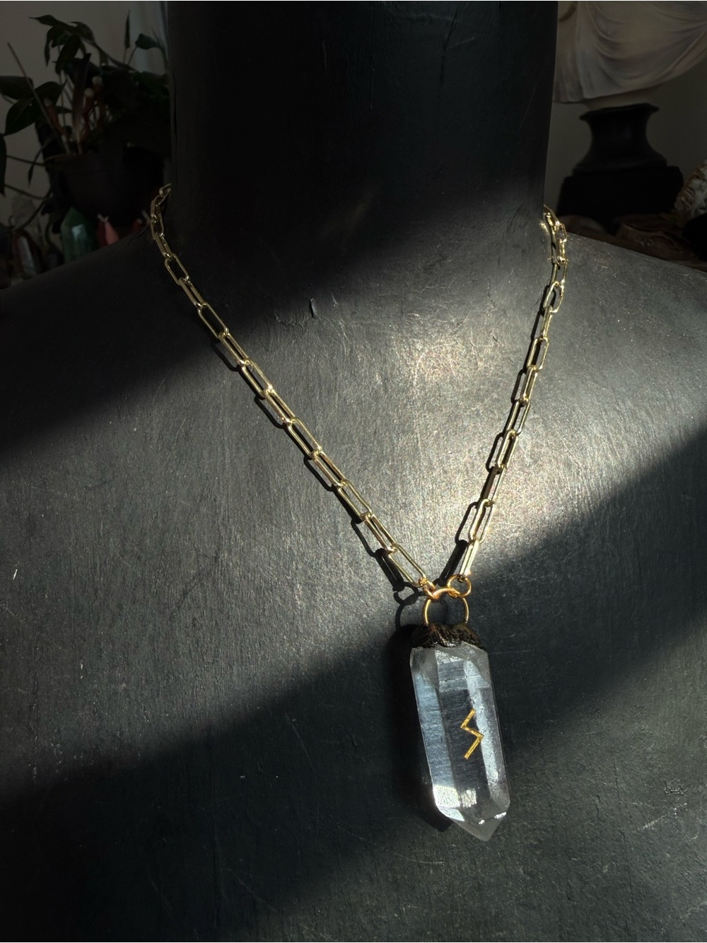 Rune clear quartz crystal necklace pendant sowulo rune jewelry gold witchy boho